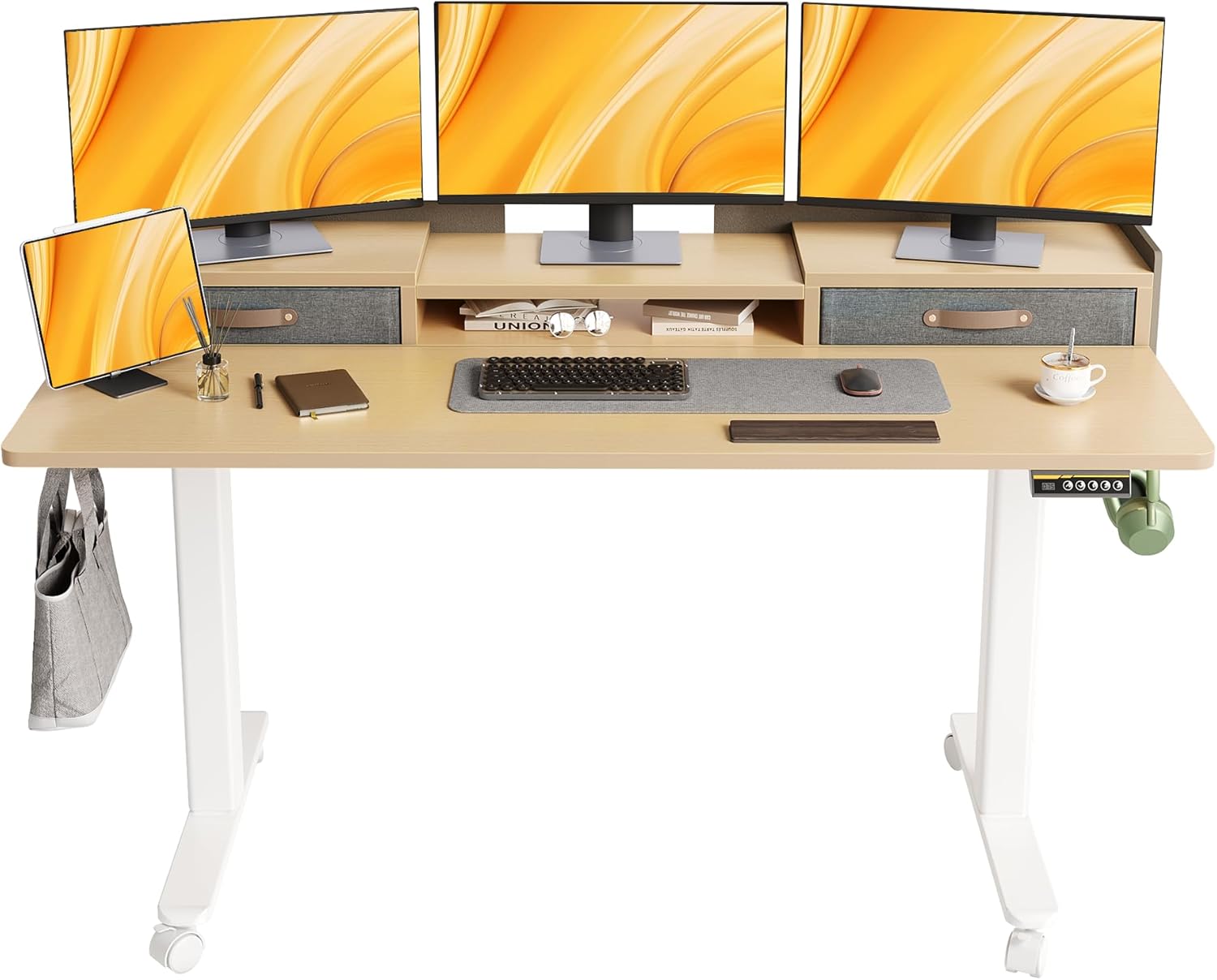 Claiks Standing Desk with Drawers, 59 Inch Natural
